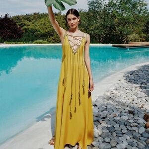 My Beachy Side Antique Moss Maxi Gown with Hand Done Crochet, Resortwear